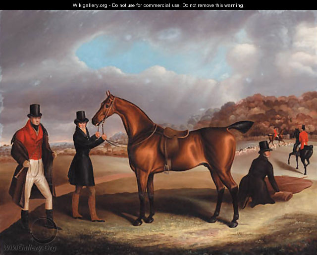 Lord George Bentinck with his favourite hunter, and grooms, in a landscape with a hunt beyond - Samuel Spode