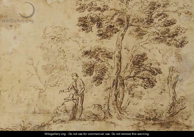 Two figures by a tree near a river - Salvator Rosa