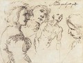 A young man, half-length, in a plumed hat, in profile to the right, with two studies of heads and another of a nude, half-length - Salvator Rosa