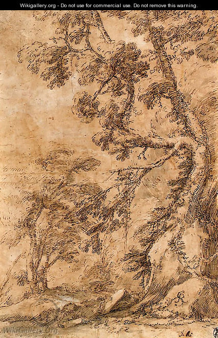 A figure lying by a tree below a cliff - Salvator Rosa