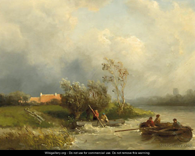 Fishermen in a rowing boat on a choppy river - Salomon Leonardus Verveer
