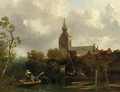 A view of Overschie with fishermen in a rowing boat in the foreground - Salomon Leonardus Verveer