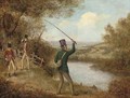 A fly-fisherman casting a fly, a house beyond, thought to be Chatsworth - Samuel John Egbert Jones