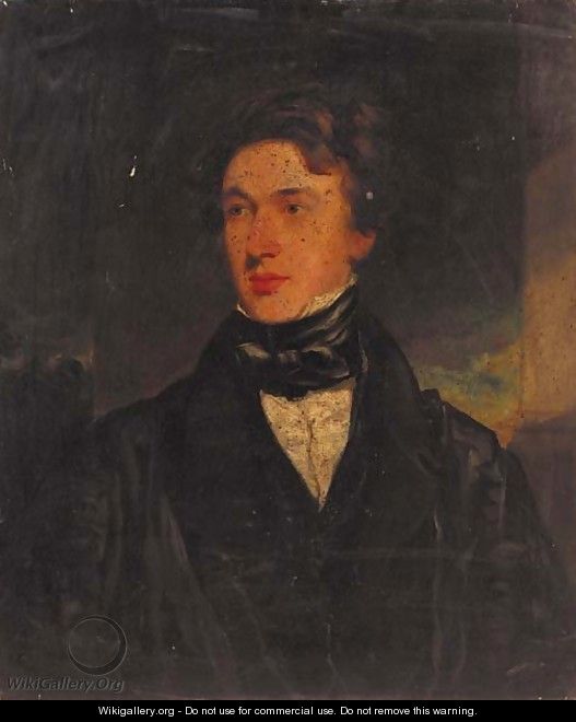 Portrait of a gentleman, half-length, in a black coat and bow tie, in a landscape - Samuel Howell