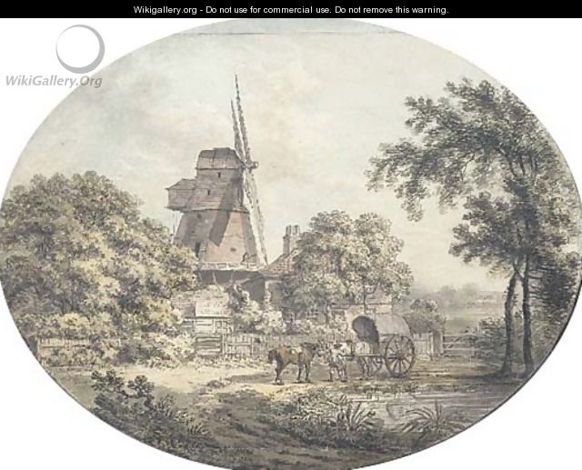 A windmill with horses and a cart by a pond, in the foreground - Samuel Hieronymous Grimm