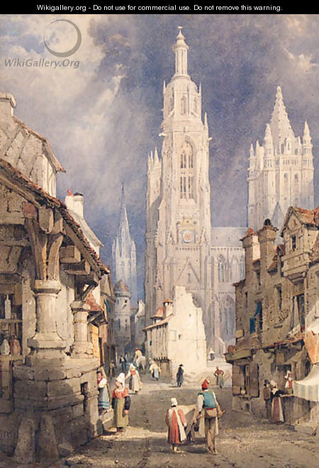 Figures in a busy Continental Street, thought to be the Rue Saint Malo - Samuel Prout