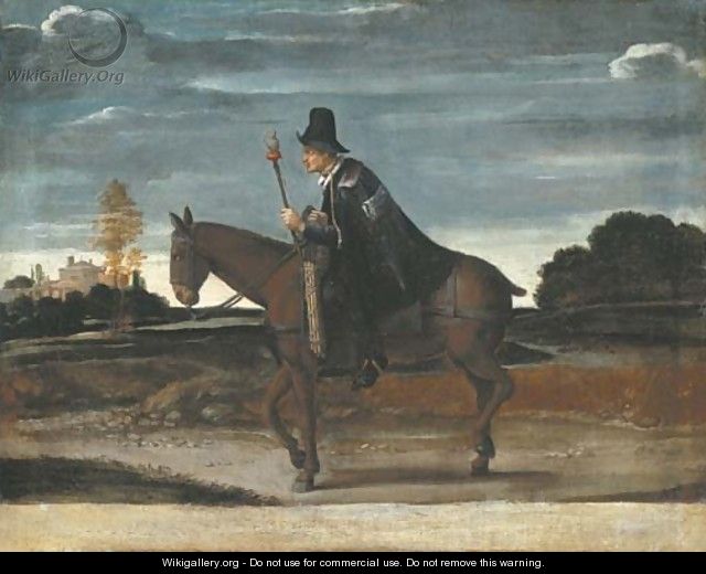 A landscape with a cloaked figure riding a donkey - (after) Annibale Carracci