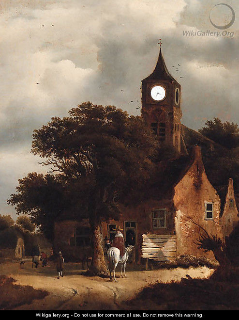 Travellers at an inn on the outskirts of a village, a church beyond - Roelof van Vries