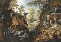A stag, deers, herons, goats, parrots and other animals in a forest - Roelandt Jacobsz Savery