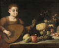 A girl playing a lute by a table laden with fruit - Roman School
