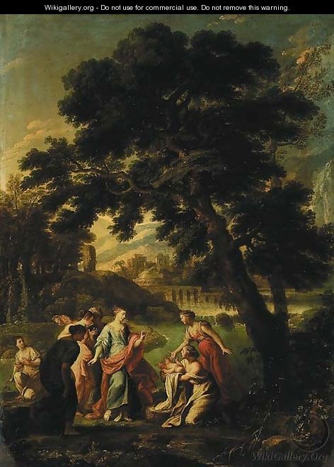 A wooded river landscape with the Finding of Moses, a city and mountains beyond - Roman School