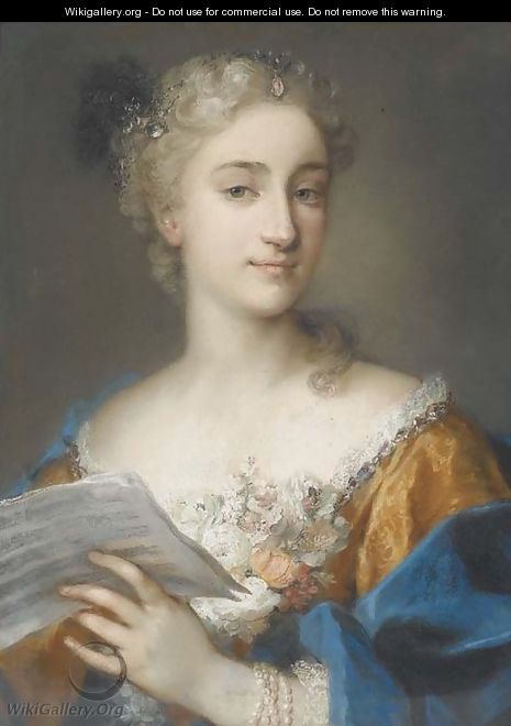 Portrait of a woman, bust-length, holding a musical score - Rosalba Carriera