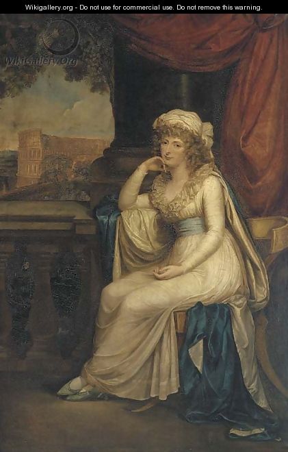 Portrait of Lady Clifford, full-length, seated in a white dress with blue sash on a Klismos chair on a loggia overlooking the Colloseum - Robert Fagan
