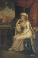 Portrait of Lady Clifford, full-length, seated in a white dress with blue sash on a Klismos chair on a loggia overlooking the Colloseum - Robert Fagan
