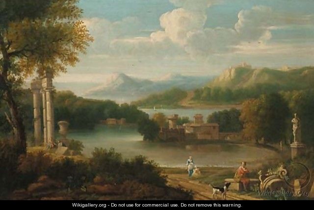 Figures resting before a lake in an Italianate landscape - Robert Crone