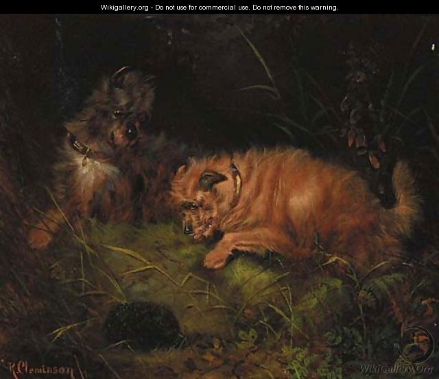 Two terriers with a hedgehog - Robert Cleminson