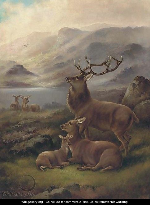 A stag with hinds by a loch 2 - Robert Cleminson