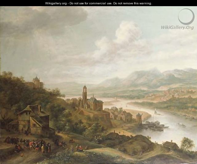 A Rhenish river landscape, with peasants dancing before an inn, a village with a church and shipping beyond - Robert Griffier