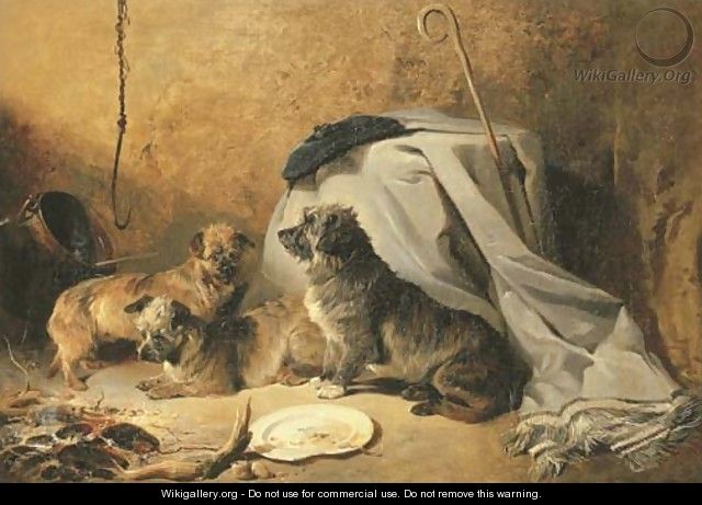 Three Dandie Dinmont Terriers by a cottage hearth - Richard Ansdell
