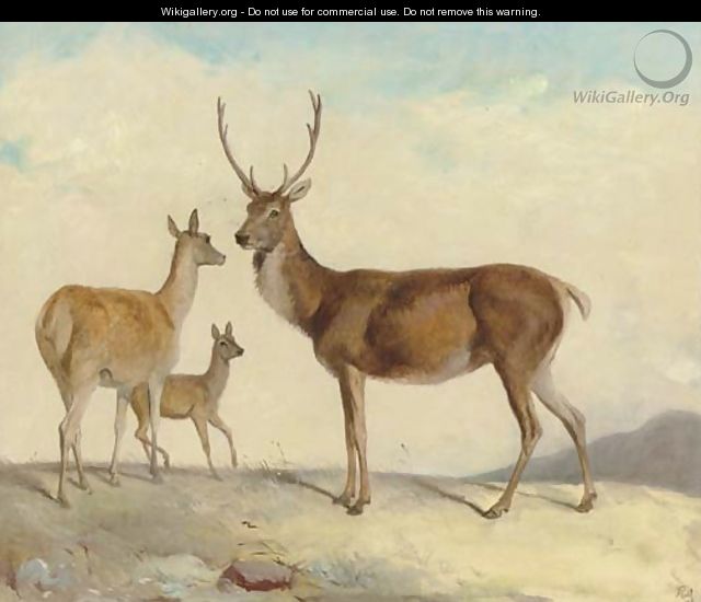 The hart Samson, the hind Delilah and the calf Judith, in a highland landscape - Richard Ansdell