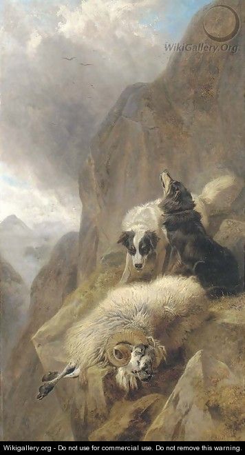 Sheepdogs with a stricken sheep in a mountainous Highland landscape - Richard Ansdell