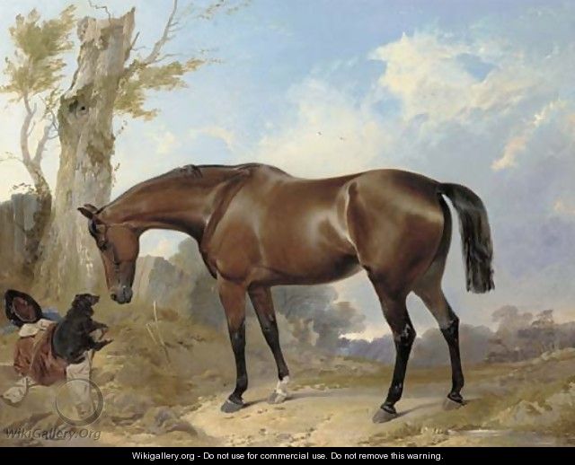A bay hunter and dog in a landscape - Richard Ansdell