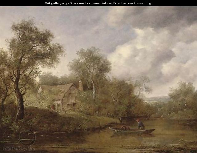 A fisherman in a rowing boat on a river, a cottage beyond - Richard Hilder