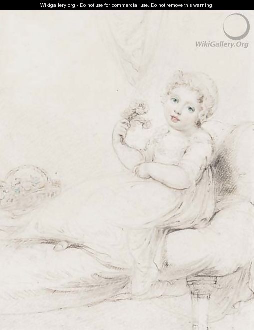A child, seated on a sofa, holding a posy of flowers - Richard Cosway