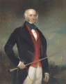 Portrait of Sir Charles Morgan Robinson Morgan, 1st Baron Tredegar, three-quarter-length, in a black coat and red waistcoat, holding a riding crop - Richard Buckner