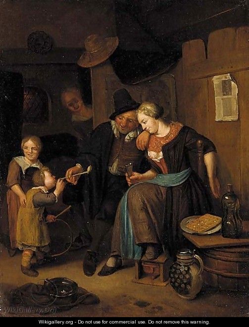 An interior scene with a couple and children - Richard Brakenburgh
