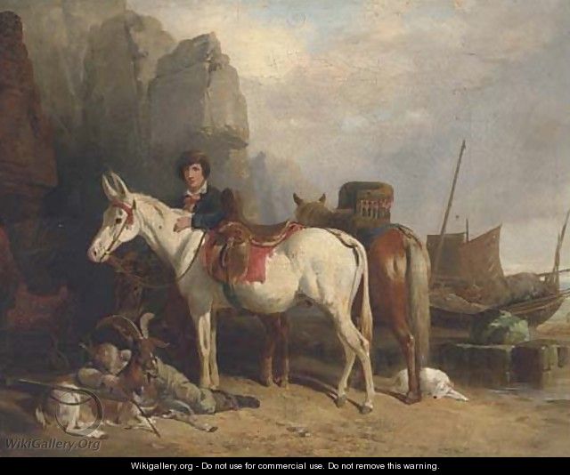 Figures on a beach, with ponies and fishing boats - Richard Westall