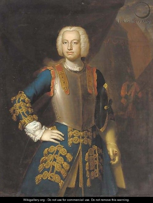 Portrait of a gentleman, three-quarter-length, in a blue and gold embroidered coat and a breastplate, a view of a military encampment beyond - Richard van Bleeck