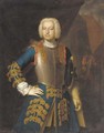 Portrait of a gentleman, three-quarter-length, in a blue and gold embroidered coat and a breastplate, a view of a military encampment beyond - Richard van Bleeck