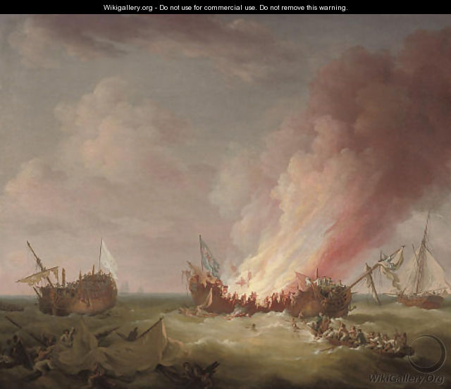 H.M.S. Quebec ablaze at the end of her epic struggle with the French frigate Surveillante, 6th October 1779 - Richard Paton