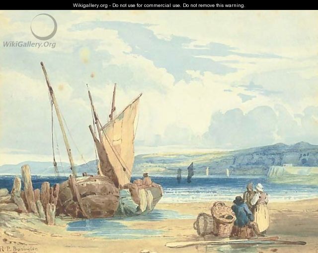 A coastal landscape at low tide with fisherfolk and beached vessels - Richard Parkes Bonington