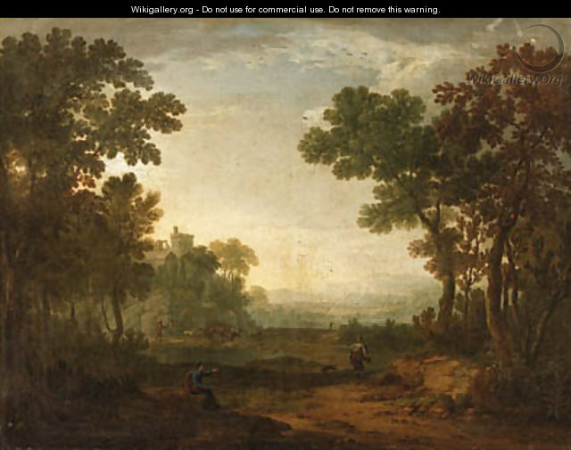 An Arcadian Landscape with Travellers and Herdsmen on a Path - Robert Carver