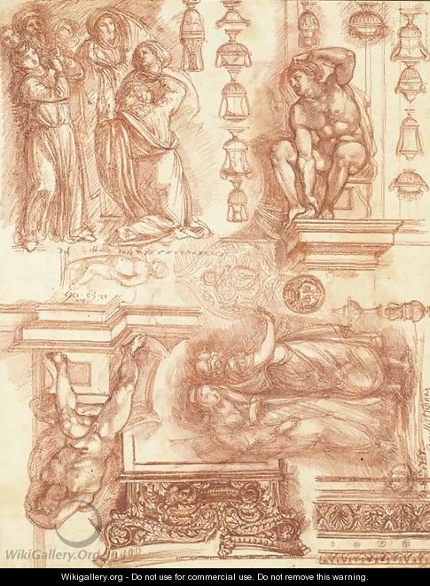Studies after Michelangelo and other artists, with sketches of capitals, friezes and vases - Robert Ango