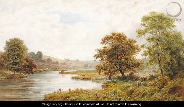An extensive wooded river landscape with an angler in the foreground - Roberto Angelo Kittermaster Marshall