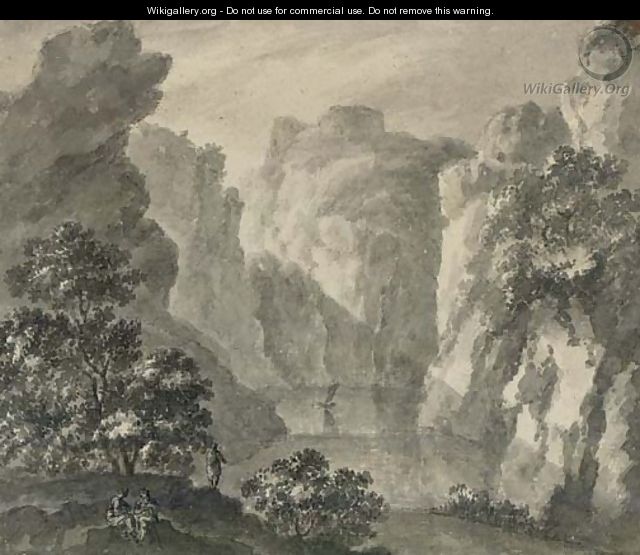 A gorge with a boat and figures in the foreground - Robert Adam