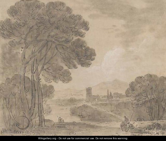 An Italian landscape with figures on a path and a town beyond - Richard Wilson