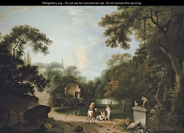 A classical wooded landscape with ruins, a traveller on a path and figures resting by a river - Richard Wilson
