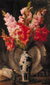 A figurine, a book, a pewter salver and a vase of gladioli on a table - Richard Willes Maddox