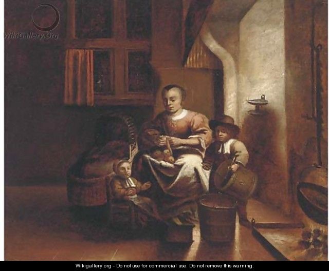 A kitchen interior with a woman and children - Reinier or Reynier Coveyn or Covyn