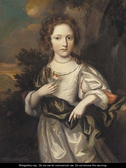 Portrait of a young girl, three-quarter-length, in a white dress with a green shawl, a rose in her right hand, a view to a wooded landscape beyond - Regnier de La Haye