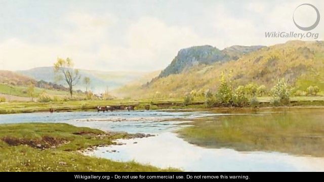 Cattle watering in a Highland landscape - Reginald Aspinwall