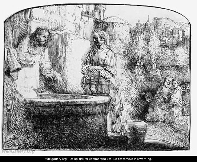 Christ and the Woman of Samaria An arched Print - Rembrandt Van Rijn