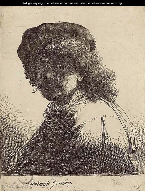 Self-Portrait in a Cap and Scarf with Face dark Bust - Rembrandt Van Rijn