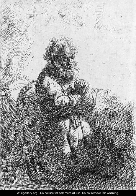 Saint Jerome kneeling in Prayer, looking down - Rembrandt Van Rijn