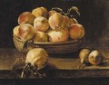 Still life of apples in a wicker basket with pears on a ledge - Rene Nourrisson
