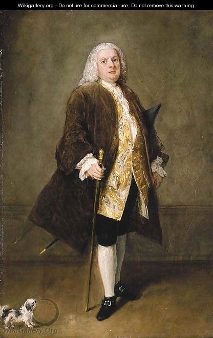 Portrait of a gentleman, full-length, in a gold-embroidered waistcoat and brown coat, holding a cane, his dog beside him - Pietro Longhi